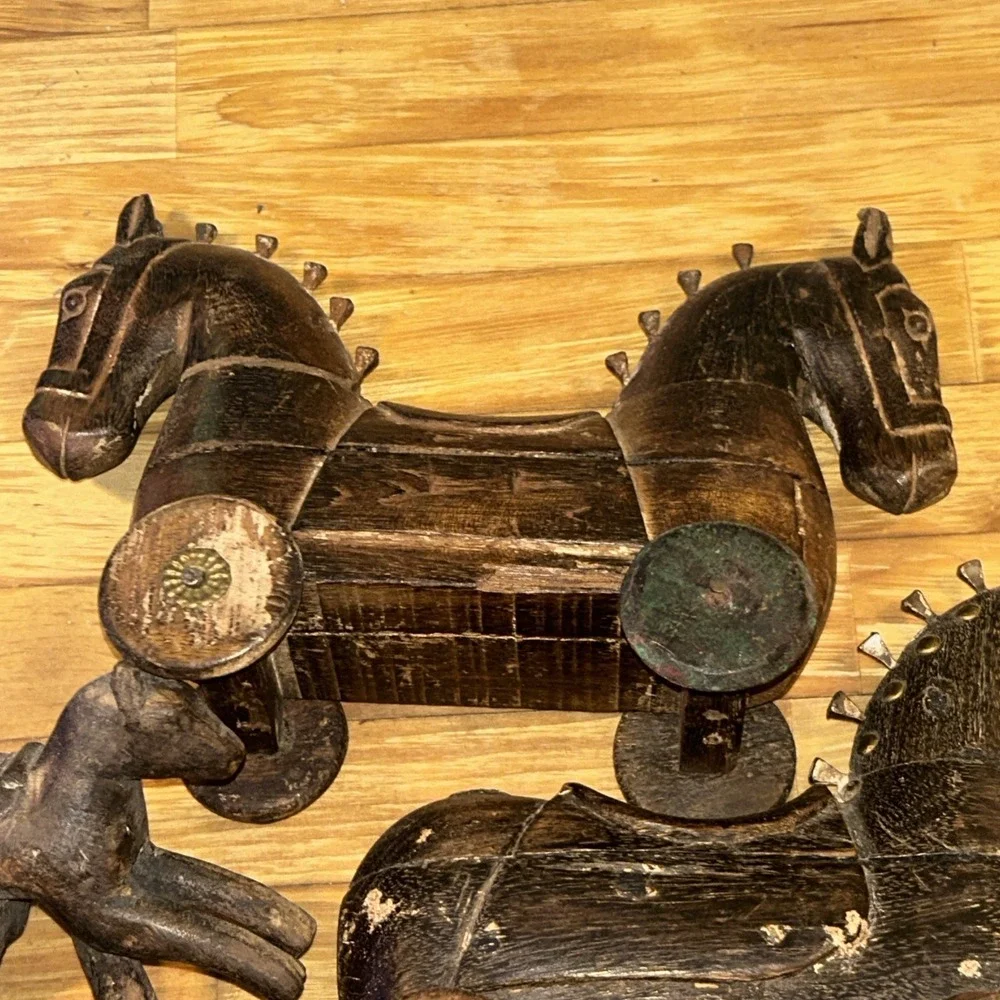 Folk Art Carved Wooden Horses on Wheels Locking Storage Compartments Vintage